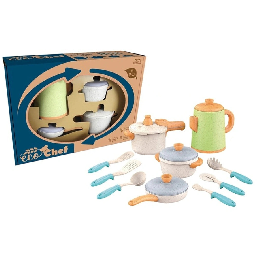 Eco Chef 14-piece sustainable cooking pot set in pastel colors, displayed in a blue cardboard box with a cutout window.