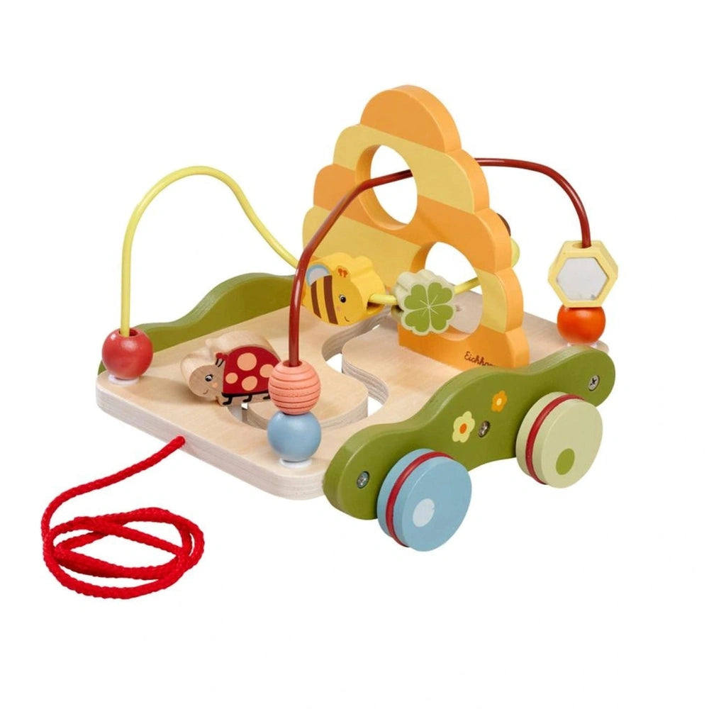 EICHHORN Bee Happy Pullalong Wagon features a colorful wooden train with red and blue wheels, accented by a bee figure.