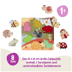 Eichhorn Bee-Happy Sensory Puzzle features colorful animal stickers and a textured landscape, promoting tactile learning for