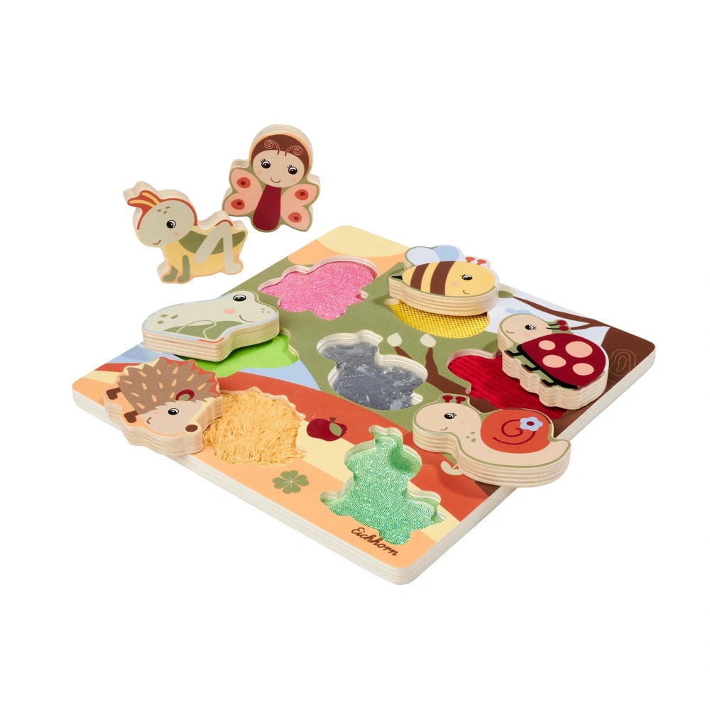 Eichhorn Bee-Happy Sensory Puzzle features colorful animal and food-shaped toys designed for young childrens educational pla