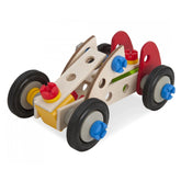 Wooden constructor racer car in red, yellow, and black with visible grain, black wheels, and blue plastic connectors.