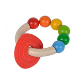Eichhorn Baby Wooden Teething Ring featuring a colorful fruit design with textured strawberry and vibrant, playful beads.