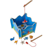 Eichhorn Fishing Game features a colorful wooden toy set with fish pieces, a blue toy box, and a fishing rod for interactive