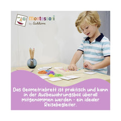 Eichhorn Montessori Geometry Board with a child manipulating pegs and strings, focused on geometric learning activities.
