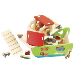 Eichhorn Noahs Ark toy playset featuring a colorful wooden boat and various painted animal figures on a white background.