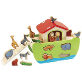 Eichhorn Noahs Ark toy playset with wooden animals and colorful boat, fostering imaginative play for children.