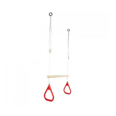 Eichhorn Outdoor Gymnastics Rings in red, showcasing durable handles with a wooden dowel and white cord for exercise.