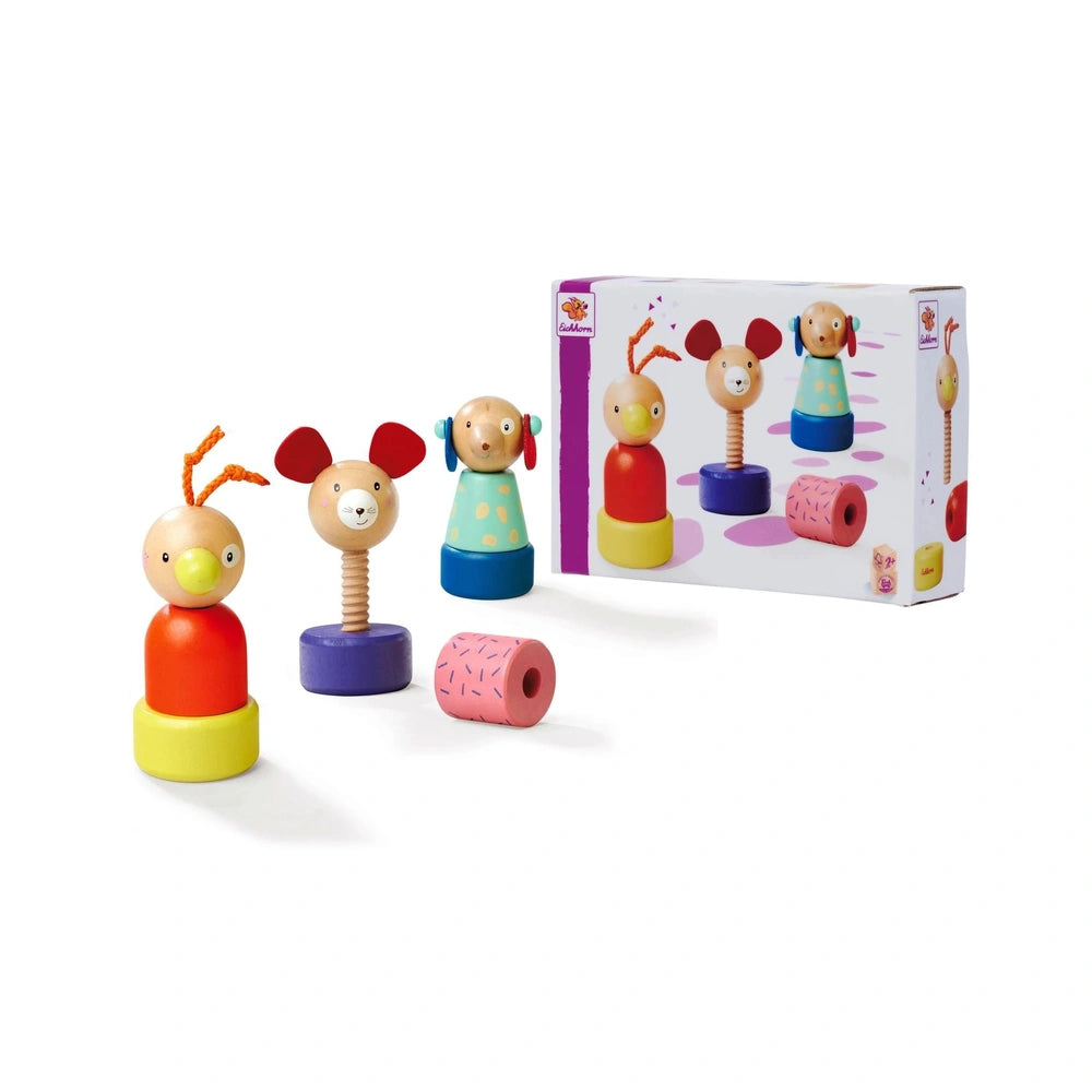 Eichhorn Screw Figures Game features colorful toy figures with simple faces, showcased alongside their vibrant packaging.