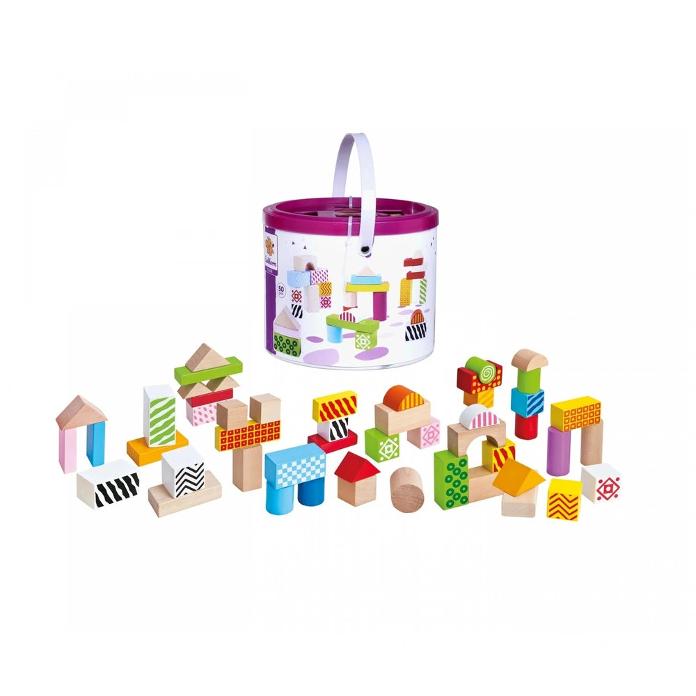 Eichhorn Wooden Blocks in Bucket - 50 colorful shapes and sizes for sorting and stacking, perfect for childrens play.