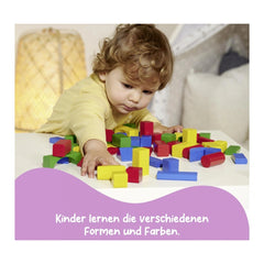 Eichhorn wooden colored blocks - child playing with red block, focusing on sorting and stacking on a white surface.