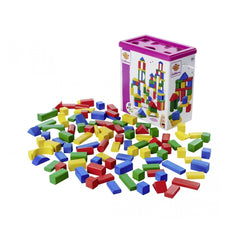 Eichhorn Wooden Colored Blocks set of 100 pieces in various shapes and bright colors, perfect for sorting and stacking play.