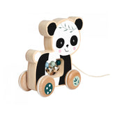 Eichhorn Wooden Pull Animal Panda with wheels, smiling face, and string for pushing or pulling, all on a simple white backgro
