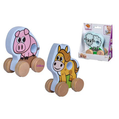 Eichhorn wooden push and pull animal toys featuring two pink pig toys and one white sheep toy on wheeled bases.