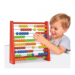 Eichhorn Wooden Slide Rule with colorful beads for educational math activities by a young child.