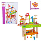 Eichhorn Work Bench toy set featuring colorful wooden parts and connectors for pretend play and role playing activities.