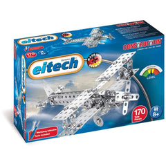 Eitech biplane propeller plane construction set in blue cardboard box with clear window, featuring 170 pieces and model airpl