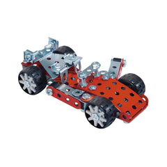 Eitech Rubin Rocket Racer toy in red with black wheels and silver frame, featuring two wheels and an axle in a centered layou