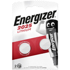 Energizer CR 2025 3V lithium button cell batteries in matte cardboard packaging with transparent window and red stripe design