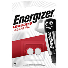 Energizer LR44 1.5V alkaline button cell batteries in red and black packaging, featuring a 2-pack display and clear labeling.