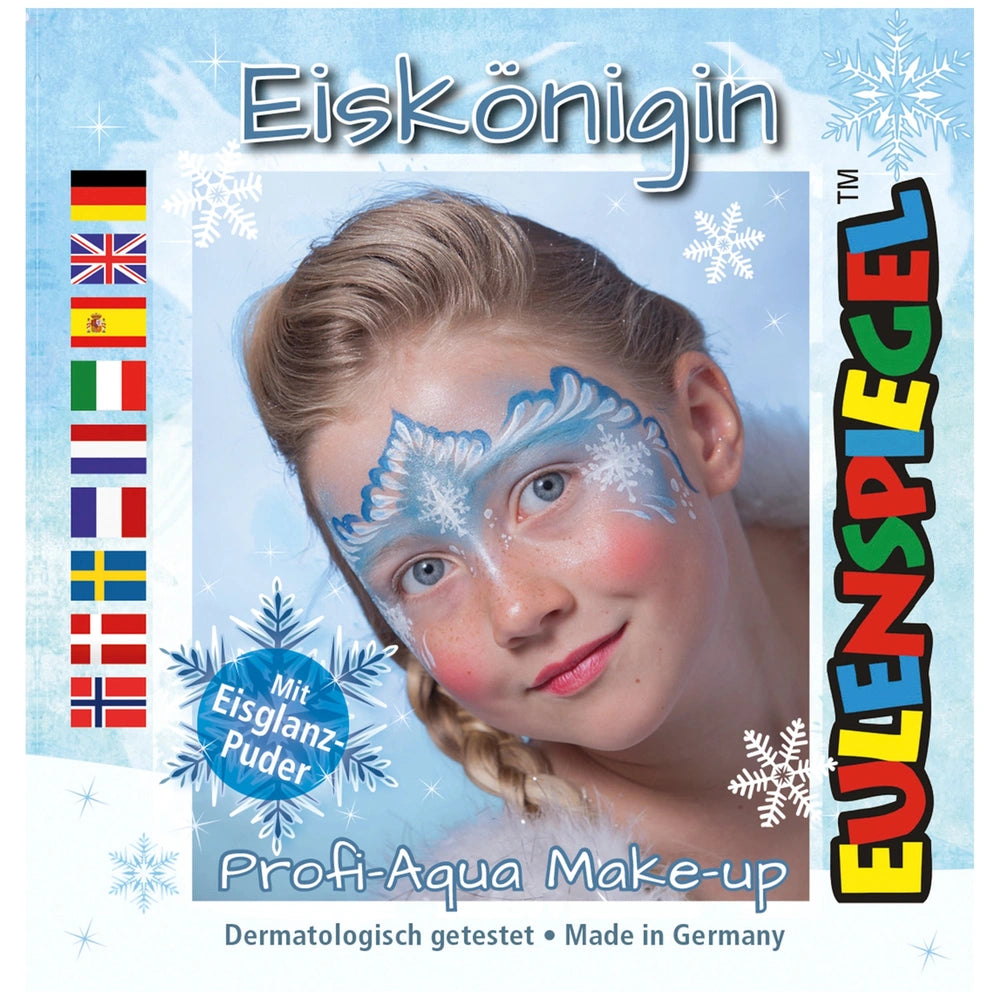EULENSPIEGEL Frozen Makeup Set features a young girl with a snowflake design on her face, vibrant packaging, and playful text