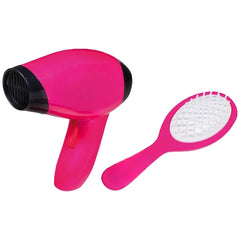 Fatti Bella hair stylist set includes a pink hair dryer with a black nozzle and a pink brush with a white bristle head.