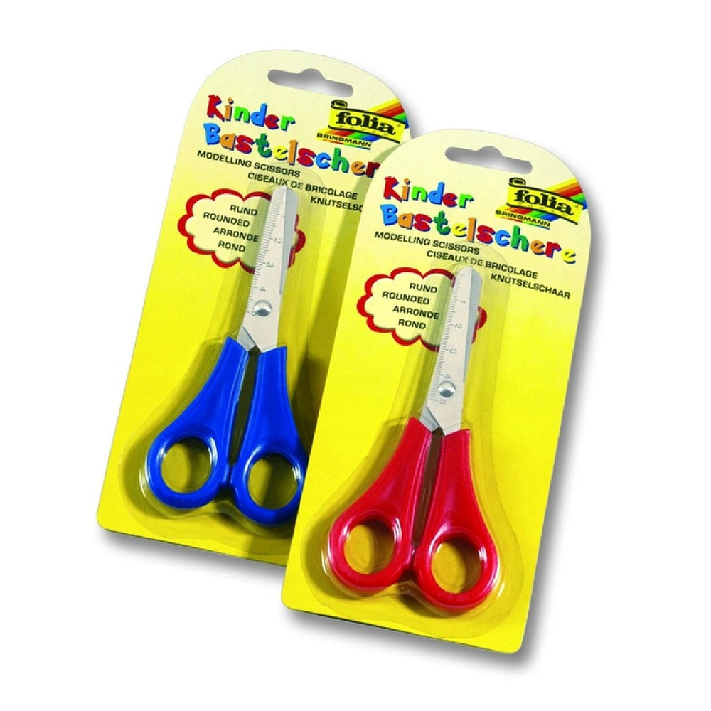 Folia graduated scissors for kids in blue and red, with a clear windowed package featuring yellow background and German text.