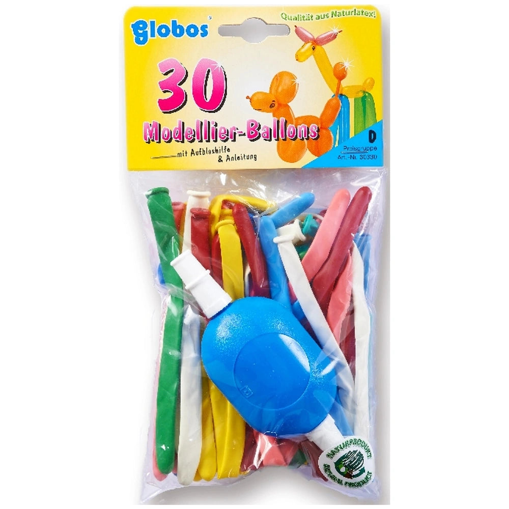Globo 30 modeling balloons in various colors with pump and instructions, packaged in plastic with printed latex quality label