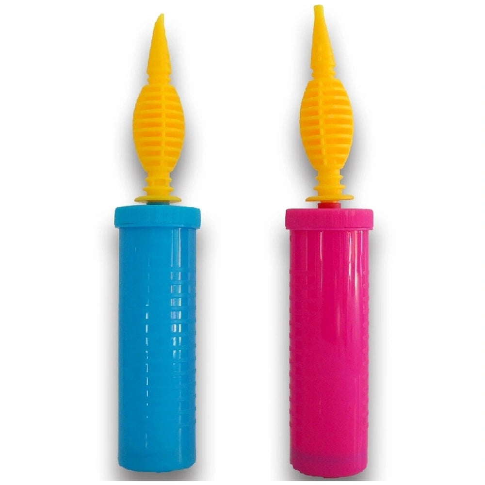 Globo balloon pump features blue and pink cylindrical containers with yellow caps for easy and efficient inflation.