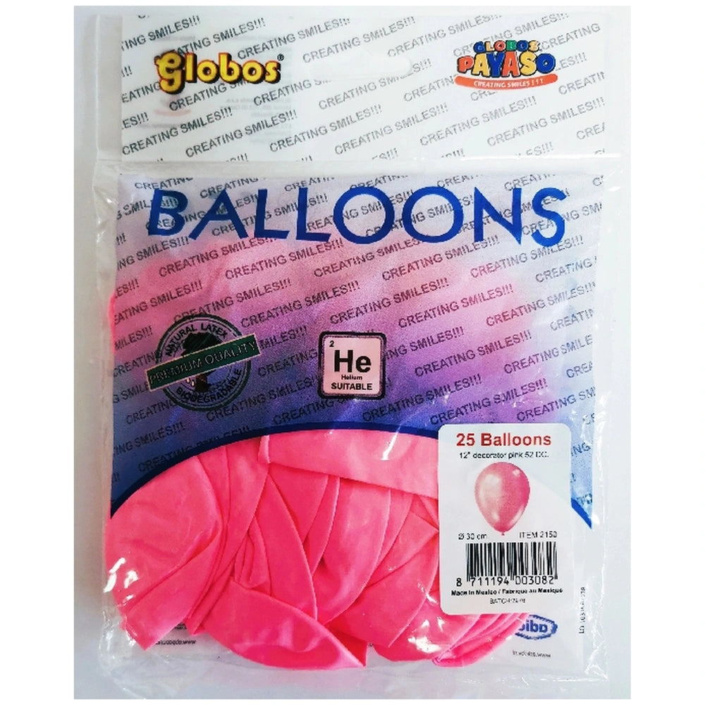 Globo pink balloons pack of 25 in clear plastic packaging with colorful graphics and text, featuring a stylized logo and barc