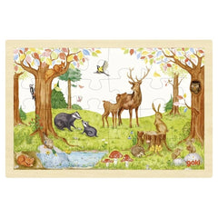 GOKI Puzzle In the Clearing features a deer, badger, rabbit, hedgehog, and fox in a forest scene with autumn leaves.