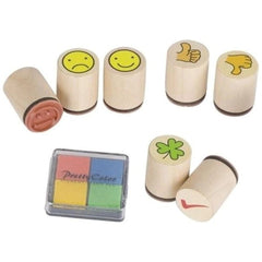 Gollness Cloverleaf and Smile Stamp Set features wooden blocks with colorful smiley faces and thumbs-up symbols in a clear pl