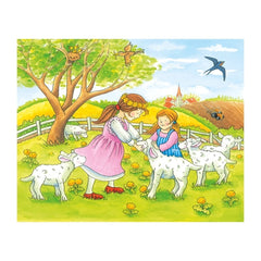 Gollness Cube Puzzle Seasons On The Farm features two girls in colorful clothing playing in a field with sheep and a tree.