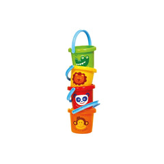 Gowi beach bucket with a 16 cm diameter features a vertical stack of colorful cups with different faces in green, yellow, ora