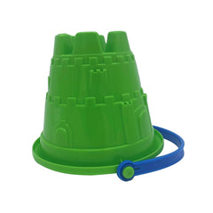 Green Gowi castle bucket with conical shape, flared top, and blue strap, made of glossy plastic for beach play.