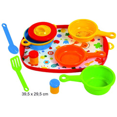 Gowi Cooking Set Vienna includes a red tray, orange bowls, green utensils, and yellow measuring cups, all with colorful patte