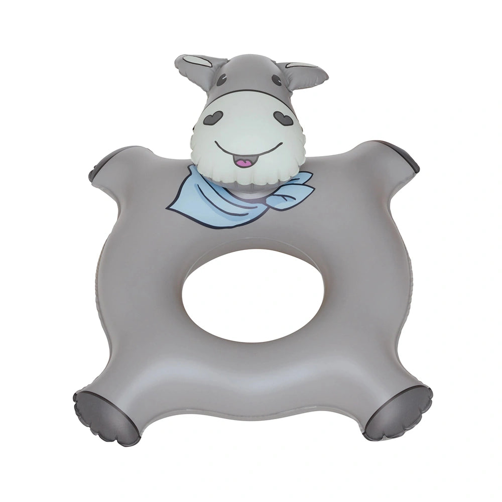 Happy People Emil The Donkey Swim Ring in soft gray plastic with a smiling face and blue scarf, featuring a central opening.