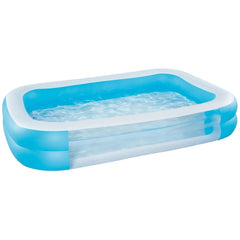 Happy People Family Pool in blue with transparent plastic window, flat bottom, and raised sides on a white surface.