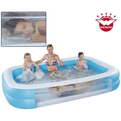 Happy People inflatable pool in blue with four people enjoying, featuring a logo "WEHNCKE" in the upper right corner.