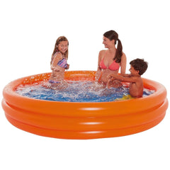 Happy People pool float, orange plastic ring with water, featuring three people, including a woman in a pink bikini and a chi