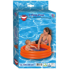 Happy People 3-ring pool for kids in orange, displayed in glossy blue packaging with a clear window and swimwear-clad woman a
