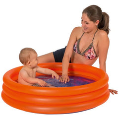 Happy People pool with three rings for kids, featuring a woman in a floral bikini and a baby in an orange pool.