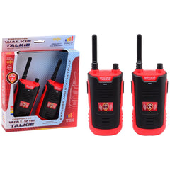 Happy World Firefighter Walkie Talkie Set in red and black packaging, featuring two walkie talkies and multiple technical lab