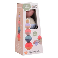 Happy World stacking balls toy in cardboard packaging with clear window, featuring nine colorful balls and playful text.