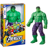 Hulk Deluxe 30 cm action figure in purple pants, displayed in a colorful retail box with Marvel and Avengers logos.