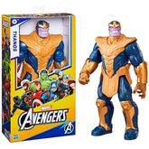 Thanos Deluxe Action Figure in a blue and gold costume with a purple face, displayed in yellow cardboard packaging.