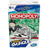 Monopoly Travel Italian Edition packaging features a man in a top hat, silver car, and dog on a green table with a glossy fin