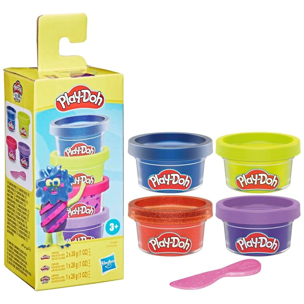 Monster Mini Color 4 Pack features six vibrant Play-Doh containers in blue, red, purple, yellow, green, and orange on cardboa