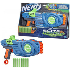 Nerf Elite 2.0 Flipshots Flip-8 Blaster in blue and orange with green logos on a blue and green cardboard packaging.