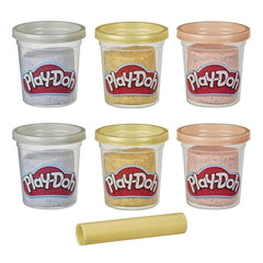 Play-Doh Metallics Compound Collection with four plastic containers in white, yellow, gray, and pink, showcasing visible doug