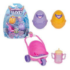 Hatchimals Alive Hatch N’ Stroll Playset features a pink toy car with purple wheels and two colorful toy eggs with antennas.